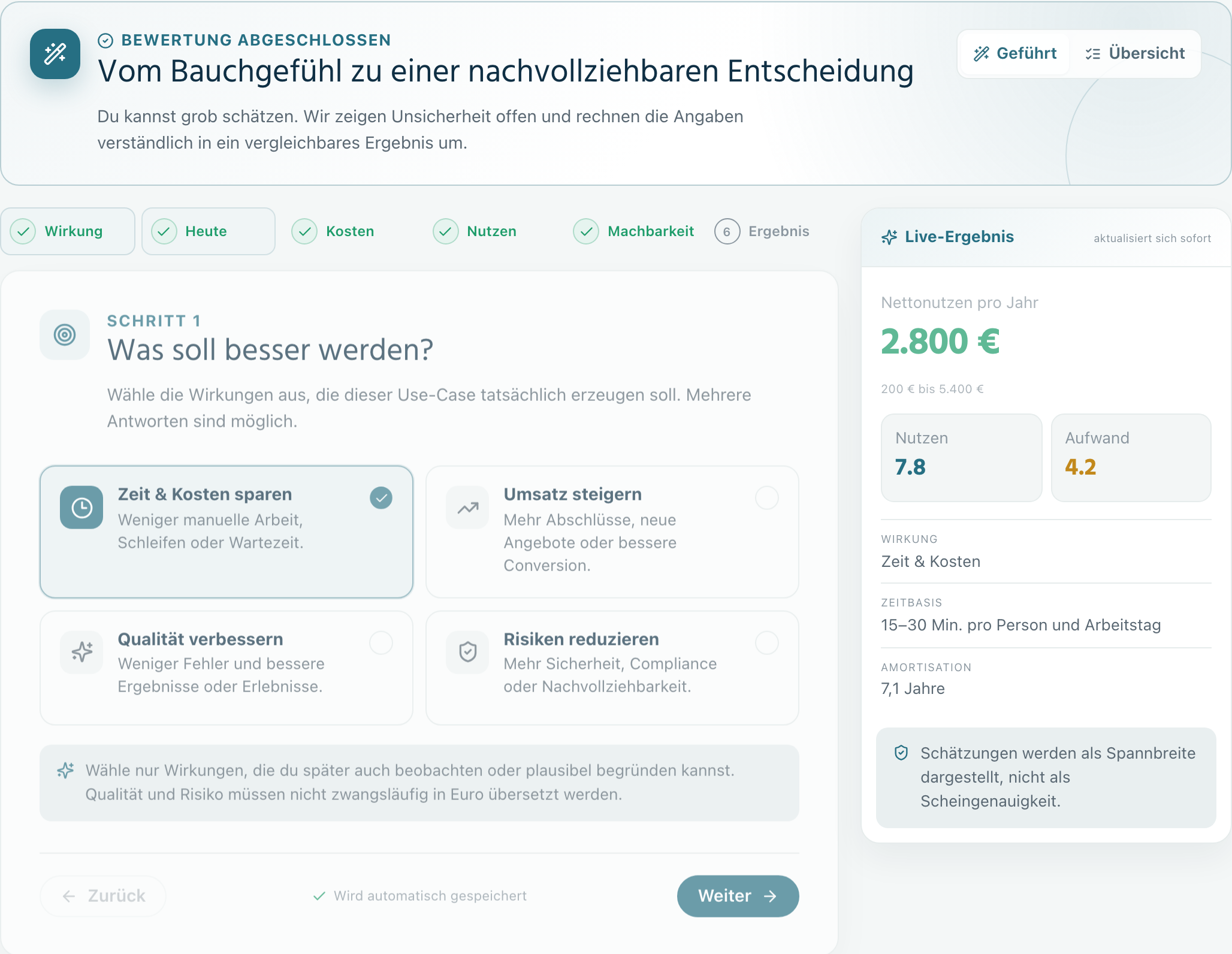 Geführte INITIWISE-Bewertung: Auswahl der erwarteten Wirkung mit einer Live-Zusammenfassung für Nutzen, Aufwand und Zeitbasis.